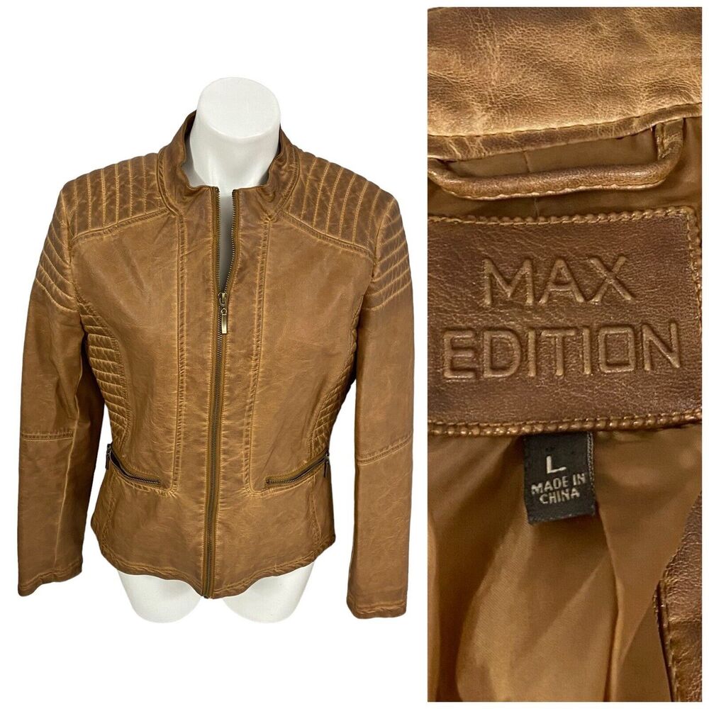 Max Edition Cognac Brown Leather Bomber Jacket